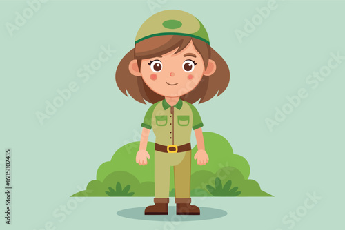 Young park ranger standing confidently amidst green foliage in a cheerful illustration