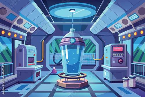 Futuristic laboratory with a transparent pod and advanced technology in a sci-fi setting