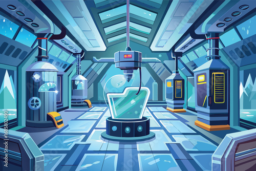 Futuristic laboratory with advanced technology and mysterious tanks