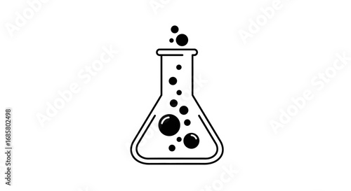 Minimalistic chemistry flask with bubbles on white background