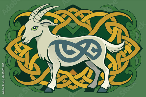 Artistic depiction of a goat with Celtic design elements on a green background