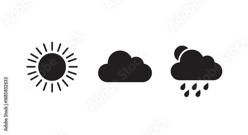 Weather icons set: sun, cloud, rain silhouettes on white background