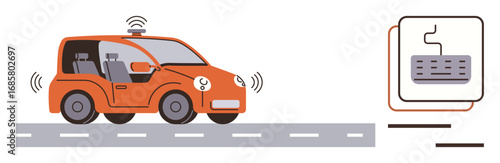 Self-driving car using sensors on the road with control panel diagram beside it. Ideal for innovation, technology, AI, transportation, automation, future trends, mobility. Simple flat metaphor