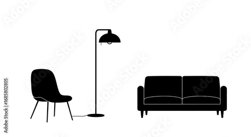 Minimalist furniture scene with silhouette of chair, floor lamp, and sofa