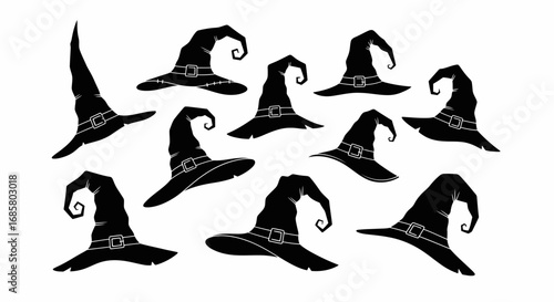 Vector art of collection of witch hats silhouettes, perfect for halloween designs and decorations