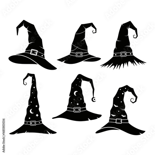 Vector art of collection of witch hats silhouettes, ideal for halloween designs and decorations