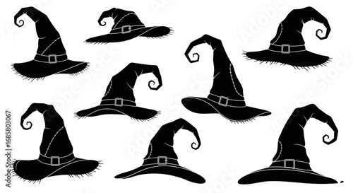 Vector art of collection of black witch hats with different designs for halloween celebration