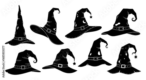Vector art of collection of black witch hats for halloween and magic theme