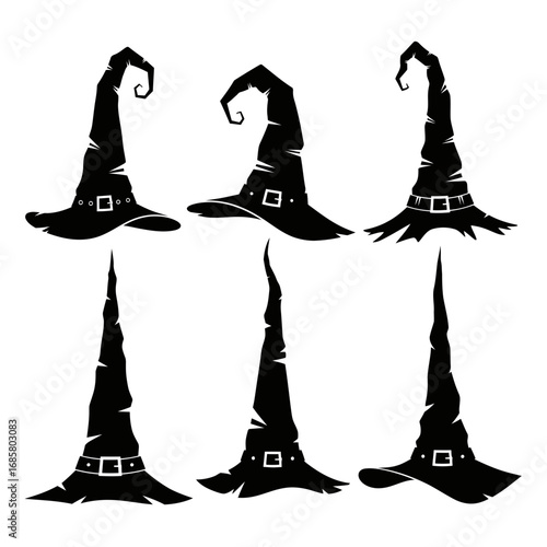 Vector art of collection of black witch hats for halloween and magic theme