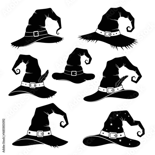 Vector art of collection of black witch hats for halloween and magic theme