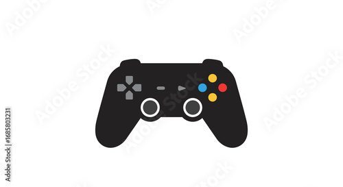 Minimal game controller icon in black with colorful buttons on white background