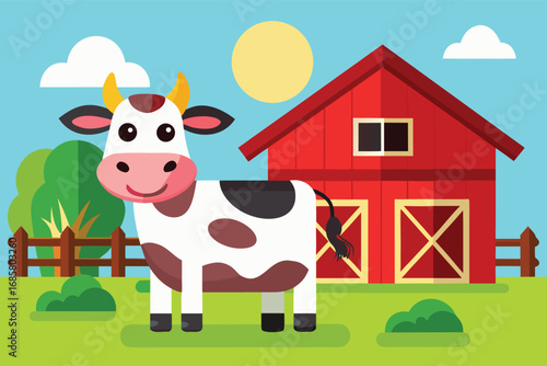 Cartoon cow in front of a red barn on a sunny day with greenery around