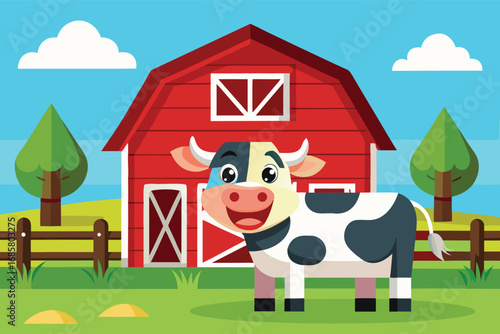 Happy cow stands in front of a colorful barn in a sunny pastoral landscape