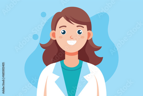 Smiling female doctor wearing a white coat against a blue background in a professional setting