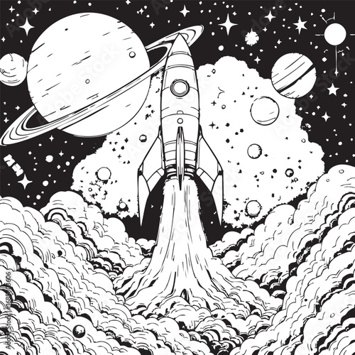 Black and white vector of rocket launch with planets, stars, and cosmic elements perfect for space exploration and sci-fi designs