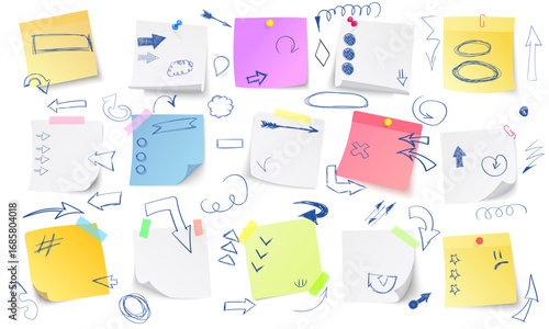 Paper notes. white stickers or notepad pages with curled corners. Empty blanks for messages. Realistic  mock up.