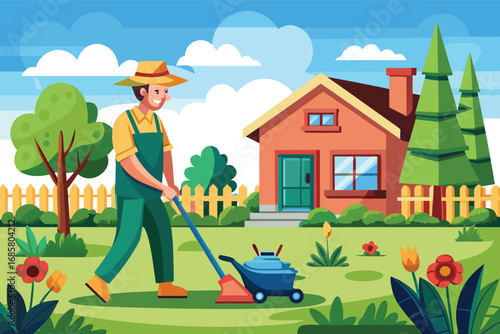 Gardener mowing the lawn in a vibrant suburban setting during a sunny day