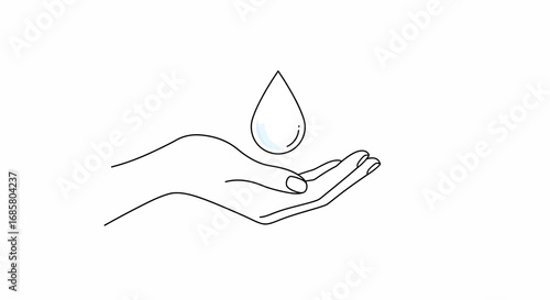 Minimalist hand holding water drop: linear design representing care and conservation