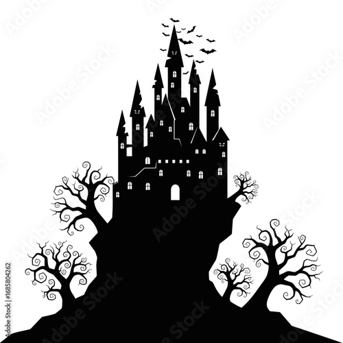 Vector art of dark castle silhouette, standing on a rocky hill with bare trees and flying bats