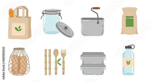 Eco-friendly reusable items in flat style for sustainable living