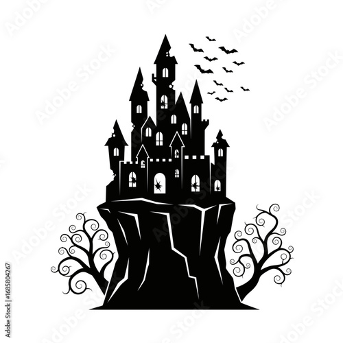 Vector art of spooky castle silhouette, perched atop a craggy cliff with gnarled trees and bats