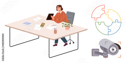 Woman seated at desk using tablet with office items, plant, and puzzle diagram. Security surveillance camera nearby. Ideal for business, teamwork, technology, security, workplace ethics