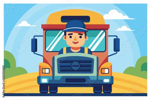 Driver operates a large truck on a sunny day in the countryside