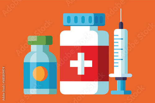 Medical supplies including vaccine vial, medicine bottle, and syringe against a bright background