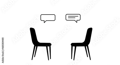 Silhouette of two chairs facing each other with speech bubbles for communication concept