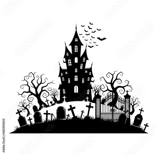 Vector art of eerie haunted house with graveyard and bats, silhouette for halloween
