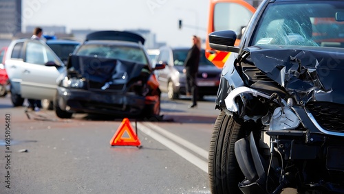 Multiple vehicle accident scene with emergency services responding