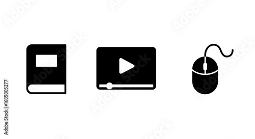 Simple digital learning icons: book, video play, computer mouse