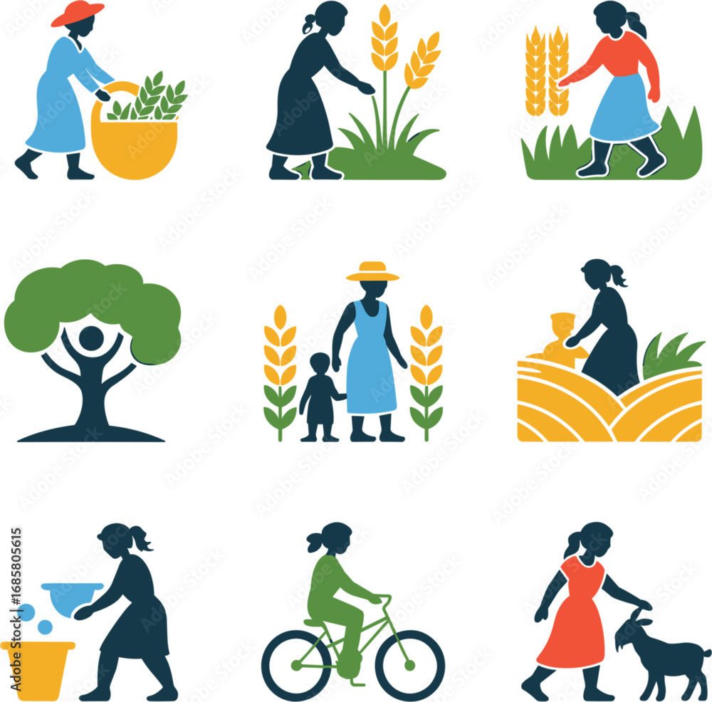 Naklejka premium Female Farmers Vector Art: Agriculture, Harvesting, and Rural Life Icons