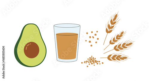 Avocado and wheat with juice in minimalist style for healthy food concepts