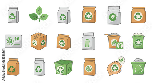 Flat design eco-friendly packaging and recycling icons collection