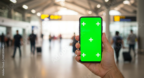 Wallpaper Mural Hand holds smartphone with green screen in busy airport terminal, ready for travel content Torontodigital.ca