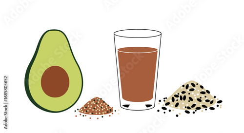 Healthy avocado smoothie and superfood ingredients in flat style