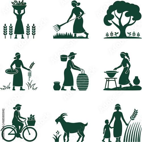 Rural Farming Women Silhouette Vector Illustration
