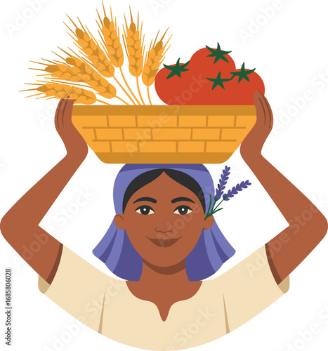 Woman Carrying Basket of Harvested Crops Illustration on Backdrop