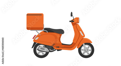 Orange scooter with delivery box side view on white background