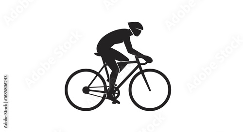 Cyclist silhouette riding bicycle: simple black design on white background