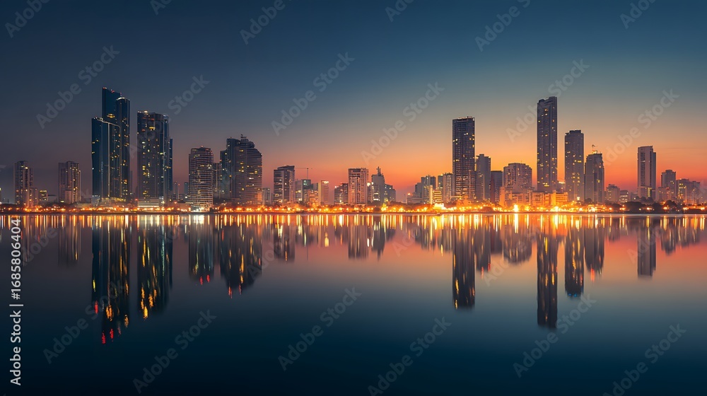 Obraz premium Modern Metropolis at Night with Radiant Lights Reflecting on Streets