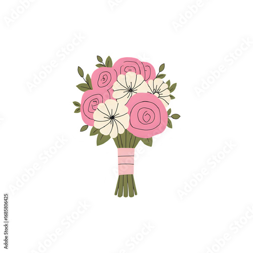 Elegant Pink and White Floral Bouquet Illustration: Wedding Flowers, Bridal Bouquet Design, Romantic Roses