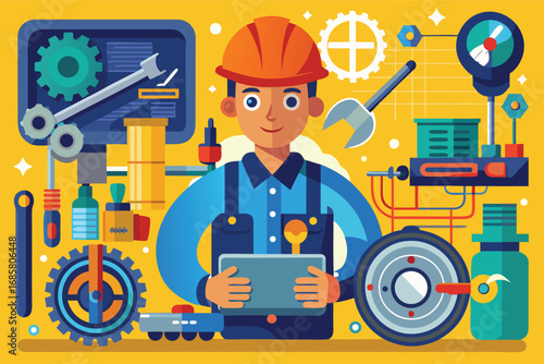 Engineer working in a workshop with tools and machinery during a bright day