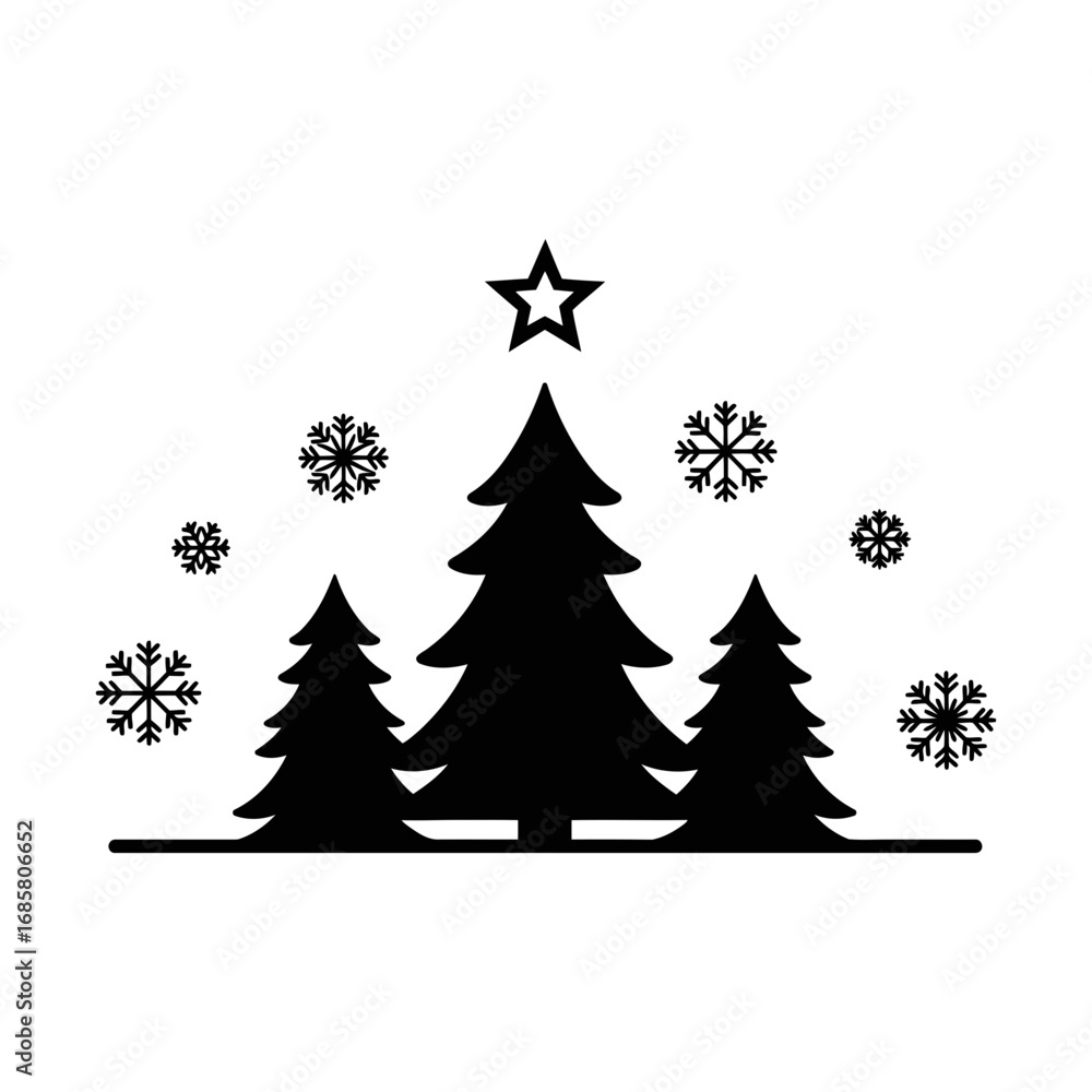 Obraz premium Vector art of silhouette of christmas trees with star and snowflakes for christmas and new year design