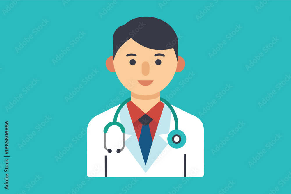 Fototapeta premium Healthcare professional in a white coat with a stethoscope on a turquoise background