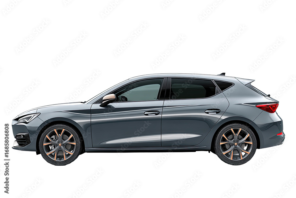 Fototapeta premium Side profile of a modern, gray hatchback. Sleek lines, alloy wheels, and tinted windows