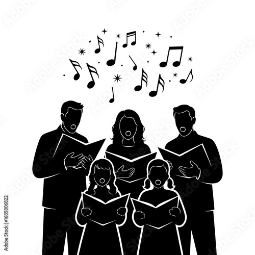 Vector art of christmas choir singing carols with music notes for holiday season celebration