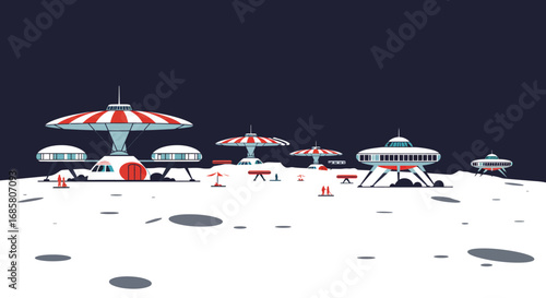 Futuristic martian colony with retro sci-fi architecture on moonlit landscape