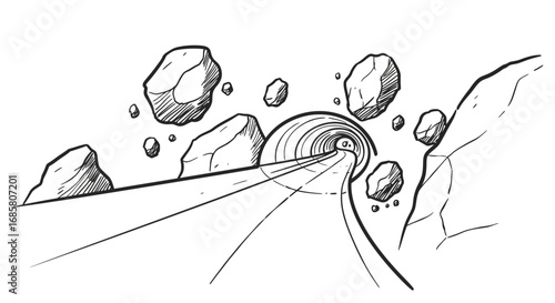 Monochrome space tunnel with floating asteroids in line art style